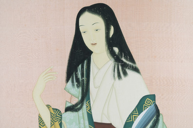 Japanse school, navolger van  Uemura Shoen (1875-1949): 'Jonge vrouw met bloemenmand', Showa, 20e eeuw