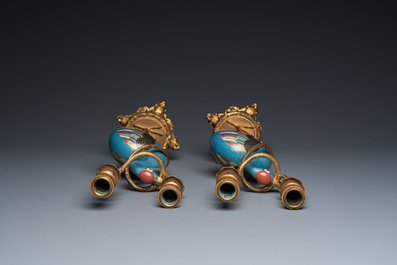 A pair of Chinese cloisonn&eacute; cranes with gilt bronze candelabra mounts, 18/19th C.