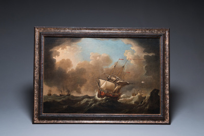 Navolger van Willem van de Velde (1633-1707): 'Marine met vier Britse schepen op zee', olie op doek