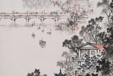 Qian Songyan 錢松嵒 (1899-1986): 'Landschap met moderne gebouwen', inkt en kleur op papier, gedateerd 1974