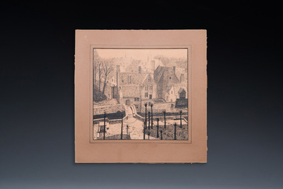 L&eacute;on De Smet (1881 &ndash; 1966): 'Vue sur le pont Boniface &agrave; Bruges', encre et crayon sur papier