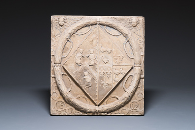 Two Belgian or French armorial architectural fa&ccedil;ade fragments, one dated 1602 but probably later