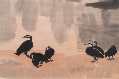 Xu Beihong 徐悲鴻 (1895-1953): 'Landschap met zes aalscholvers&rsquo;, houtsnede door Rong Bao Zhai, 20e eeuw