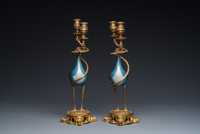 A pair of Chinese cloisonn&eacute; cranes with gilt bronze candelabra mounts, 18/19th C.
