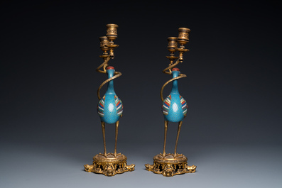 A pair of Chinese cloisonn&eacute; cranes with gilt bronze candelabra mounts, 18/19th C.
