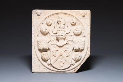 Two Belgian or French armorial architectural fa&ccedil;ade fragments, one dated 1602 but probably later