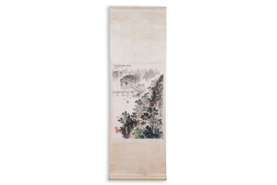 Qian Songyan 錢松嵒 (1899-1986): 'Landschap met moderne gebouwen', inkt en kleur op papier, gedateerd 1974
