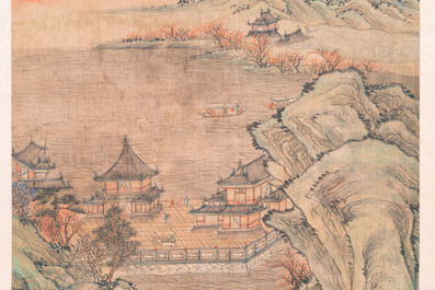 Suiveur de Qiu Ying 仇英 (1494-1552) : 'Paysage montagneux aux pavillons', encre et couleurs sur soie, dat&eacute; 1545 mais probablement post&eacute;rieur