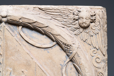 Two Belgian or French armorial architectural fa&ccedil;ade fragments, one dated 1602 but probably later