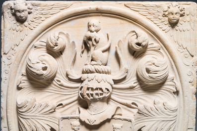 Two Belgian or French armorial architectural fa&ccedil;ade fragments, one dated 1602 but probably later