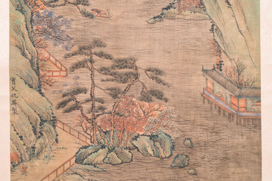 Suiveur de Qiu Ying 仇英 (1494-1552) : 'Paysage montagneux aux pavillons', encre et couleurs sur soie, dat&eacute; 1545 mais probablement post&eacute;rieur