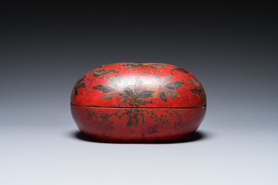 A Chinese peach-shaped painted lacquer box and cover, Qing