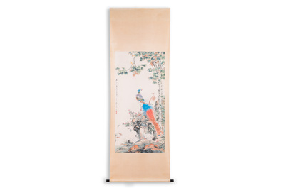 Suiveur de Yan Bolong 顏伯龍 (1898-1955): 'Deux paons et deux grues', encre et couleurs sur papier