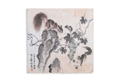 Liu Ruihua 劉瑞華 (1971): 'Squirrels and grapes', ink and colour on paper, dated 1995 and Jiang Yunge 江雲閣: 'Bamboo', ink on silk, dated 1949