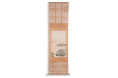 Attributed to Pu Xinyu 溥心畬 (1896-1963): 'Landscape with scholars under the willow', ink and colour on silk