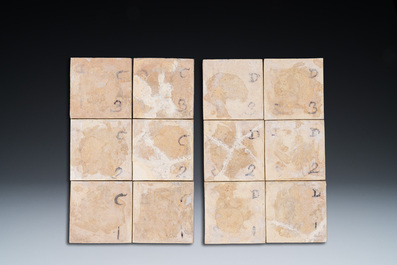 Paire de tableaux de carreaux en fa&iuml;ence en bleu, blanc et mangan&egrave;se figurant 'Hans Worst' et son fr&egrave;re, probablement Rotterdam, 18&egrave;me