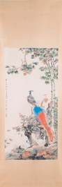 Suiveur de Yan Bolong 顏伯龍 (1898-1955): 'Deux paons et deux grues', encre et couleurs sur papier