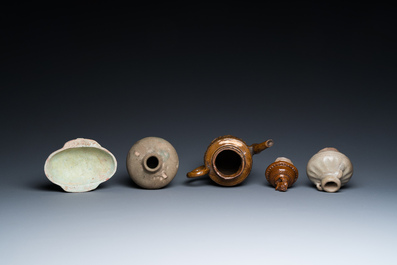 A Chinese qingbai-glazed ear cup, two celadon jarlets and a brown-glazed jug and cover, Han and later