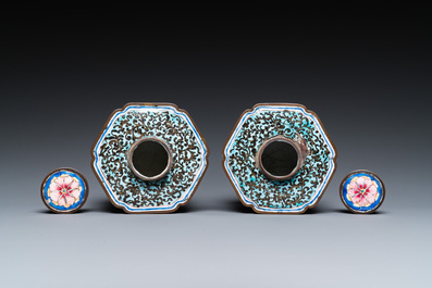 A pair of Chinese Canton enamel tea caddies and covers with dragons among clouds, Qianlong