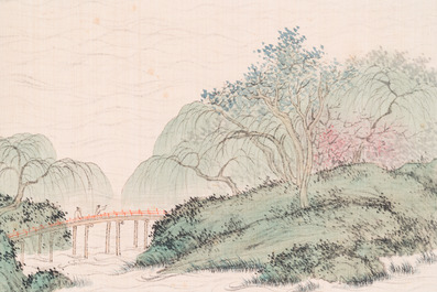 Attributed to Pu Xinyu 溥心畬 (1896-1963): 'Landscape with scholars under the willow', ink and colour on silk