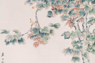 Suiveur de Yan Bolong 顏伯龍 (1898-1955): 'Deux paons et deux grues', encre et couleurs sur papier