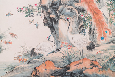 Suiveur de Yan Bolong 顏伯龍 (1898-1955): 'Deux paons et deux grues', encre et couleurs sur papier