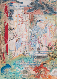 Hu Yefo 胡也佛 (1908-1980): 'Vier sc&egrave;nes uit de Xi Xiang Ji', inkt en kleur op papier