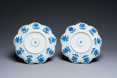 A pair of Chinese blue and white lotus-shaped 'leopard' dishes, Kangxi