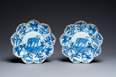A pair of Chinese blue and white lotus-shaped 'leopard' dishes, Kangxi
