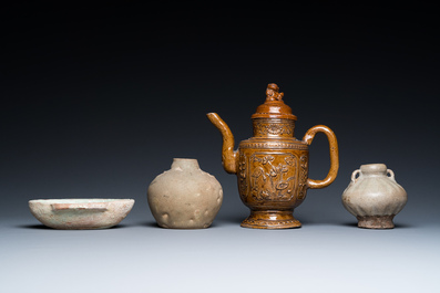 A Chinese qingbai-glazed ear cup, two celadon jarlets and a brown-glazed jug and cover, Han and later
