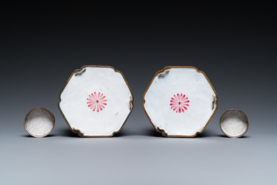 A pair of Chinese Canton enamel tea caddies and covers with dragons among clouds, Qianlong