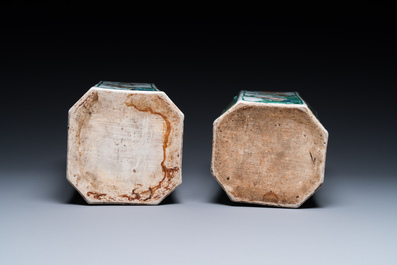 A pair of Chinese hexagonal famille verte vases with floral panels, Kangxi