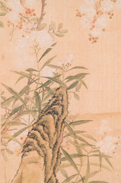 Yu Li 李钰( 1862-1922): Three scrolls with rocks and flowers, ink and colours on silk, dated 1906