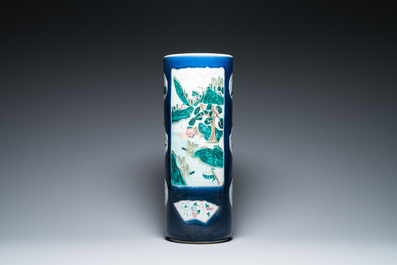 A large Chinese blue-ground famille rose cylindrical vase, 19th C.