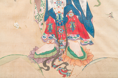 Chinese school: 'Three Buddhist goddesses', ink and colour on silk, 18th C.