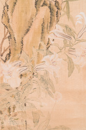 Yu Li 李钰( 1862-1922): Three scrolls with rocks and flowers, ink and colours on silk, dated 1906