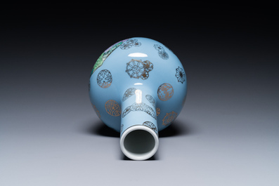 A Chinese lavender blue-ground bottle vase with fruit medallions, Republic