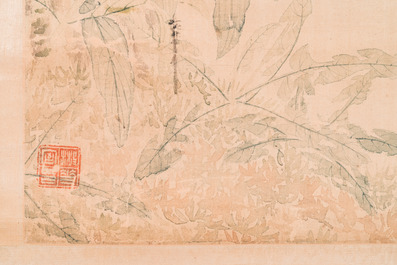 Yu Li 李钰( 1862-1922): Three scrolls with rocks and flowers, ink and colours on silk, dated 1906