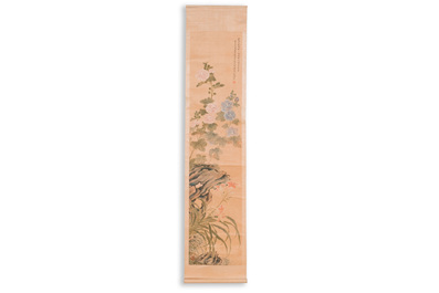 Yu Li 李钰( 1862-1922): Three scrolls with rocks and flowers, ink and colours on silk, dated 1906
