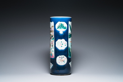 A large Chinese blue-ground famille rose cylindrical vase, 19th C.