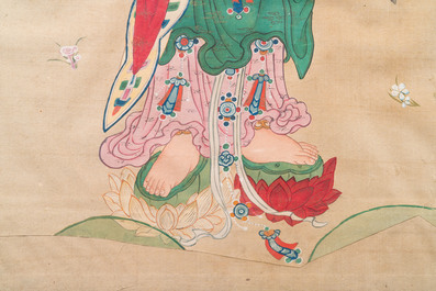 Chinese school: 'Three Buddhist goddesses', ink and colour on silk, 18th C.