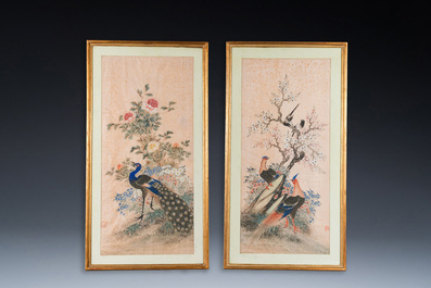 Wang Chengxun 王承勳 (19/20e eeuw): 'Vier werken met vogels, inkt en kleur op zijde, Republiek