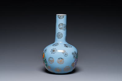 A Chinese lavender blue-ground bottle vase with fruit medallions, Republic
