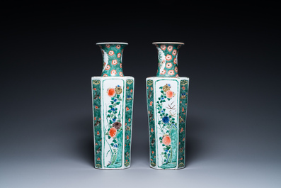 A pair of Chinese hexagonal famille verte vases with floral panels, Kangxi