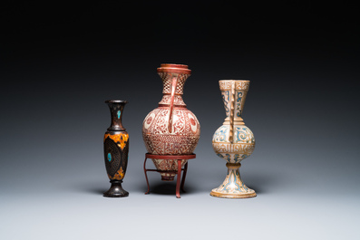 Deux vases hispano-mauresques &agrave; &eacute;mail lustr&eacute; de type 'Alhambra' et un vase en bois incrust&eacute; de pierres, Espagne et Afrique du Nord, 19/20&egrave;me