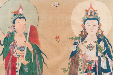 Chinese school: 'Three Buddhist goddesses', ink and colour on silk, 18th C.