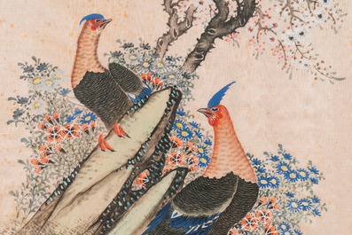 Wang Chengxun 王承勳 (19/20e eeuw): 'Vier werken met vogels, inkt en kleur op zijde, Republiek