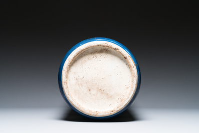 A large Chinese blue-ground famille rose cylindrical vase, 19th C.