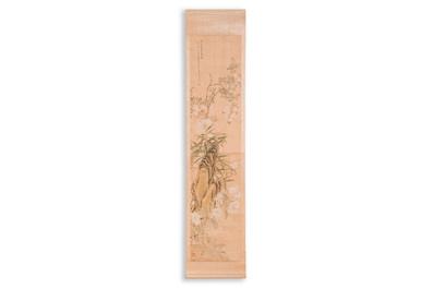 Yu Li 李钰( 1862-1922): Three scrolls with rocks and flowers, ink and colours on silk, dated 1906