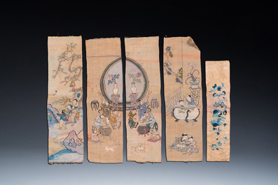 Cinq broderies de soie, Chine, 19&egrave;me